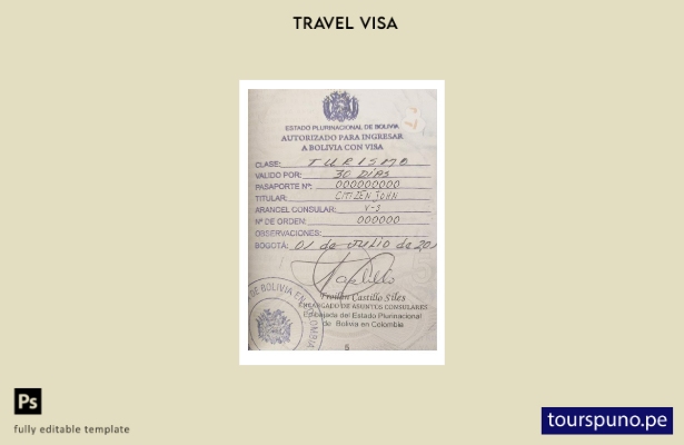 Plantilla de visa Boliviana lista para imprimir (versión sello)